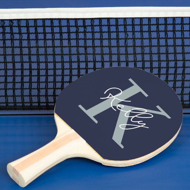 Raquete De Ping Pong Script do Monograma Azul do Marinho Moderno (Insitu)