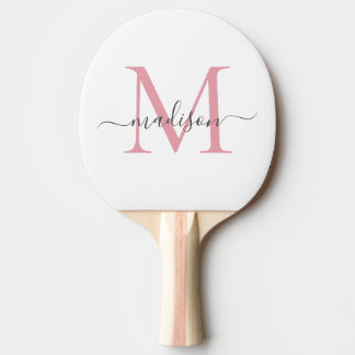 Raquete De Ping Pong Script Feminino Simples de Cinza Rosa Monograma