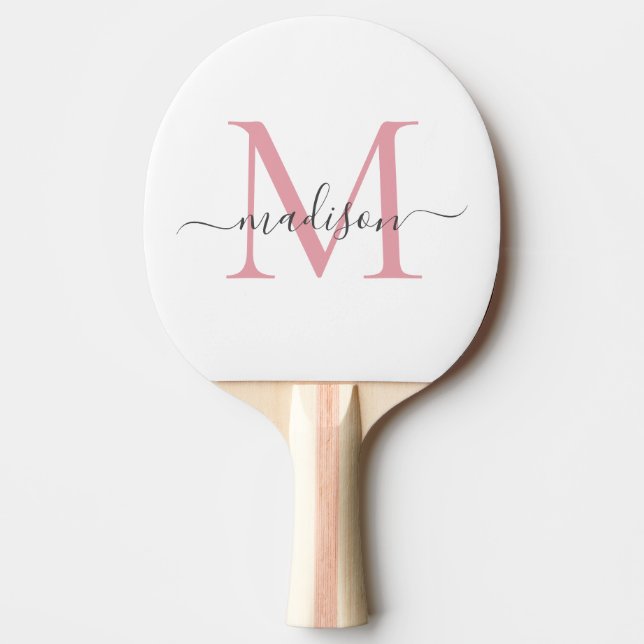 Raquete De Ping Pong Script Feminino Simples de Cinza Rosa Monograma (Frente)