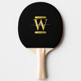 Raquete De Ping Pong Script Moderno do Monograma Dourado e Preto Elegan