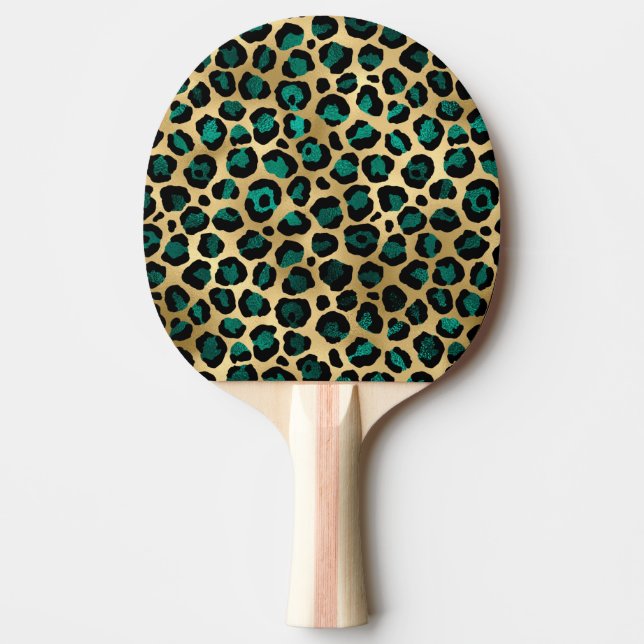 Raquete De Ping Pong Série Leopardo-Teal e Dourada Design 14 (Frente)