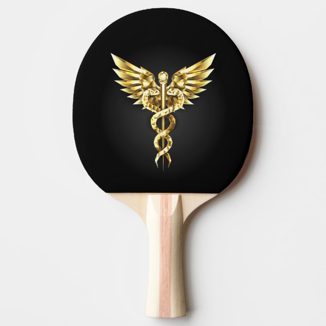 Raquete De Ping Pong Símbolo Caduceu Poligonal Dourado (Frente)