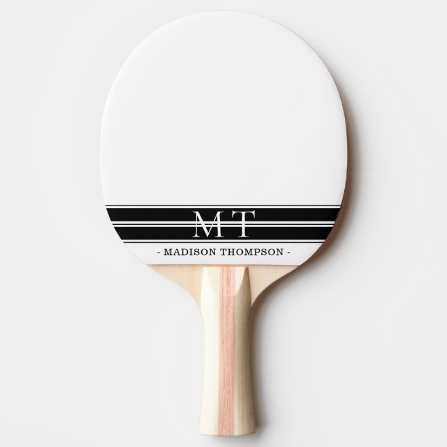 Raquete De Ping Pong Simples Monograma Moderno Stripes Pretas (Frente)