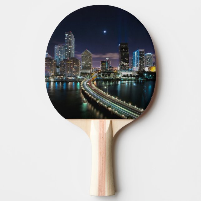Raquete De Ping Pong Skyline da cidade de Miami com a ponte na noite (Frente)