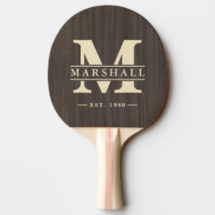 Raquete De Ping Pong Sobreposição de Monograma e Nome em Madeira Escura