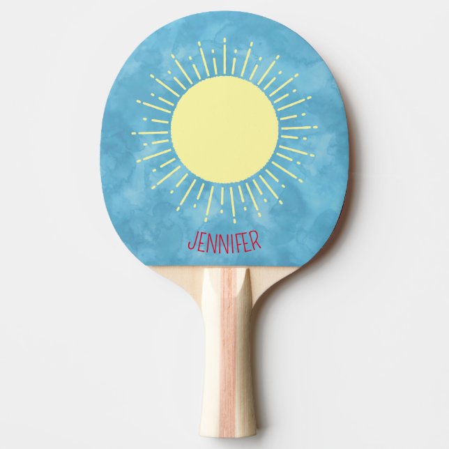 Raquete De Ping Pong Sol Amarelo No Nome Personalizado Do Céu Azul (Frente)