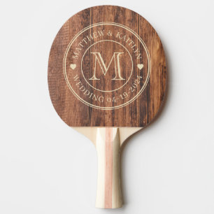Raquete De Ping Pong Tábua de Corte Gasta Monograma de Casamento Coraçã