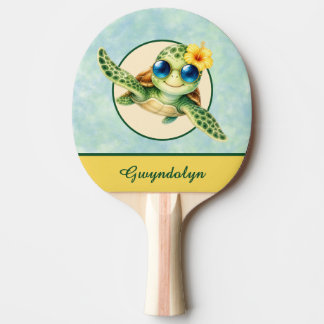Raquete De Ping Pong Tartarugas Marinhas Bebês Fofas com Flores Tropica