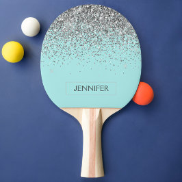 Raquete De Ping Pong Teal Aqua Blue Silver Glitter Girly Monographic No