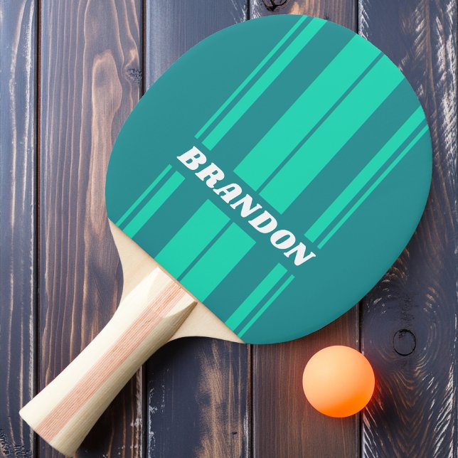 Raquete De Ping Pong Teal Beach Breeze Conselho Stripes com nome (Criador carregado)