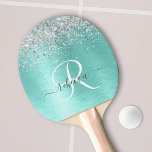 Raquete De Ping Pong Teal Brugado Metal Silver Glitter Nome Monograma<br><div class="desc">Personalize facilmente esta moda de pingue-pongue motriz com design de pingue-pongue com brilho prateado bonito num fundo metálico escovado teal.</div>