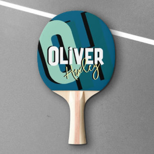 Raquete De Ping Pong Tênis Nome do Jogador de mesa Negra Monograma Azul