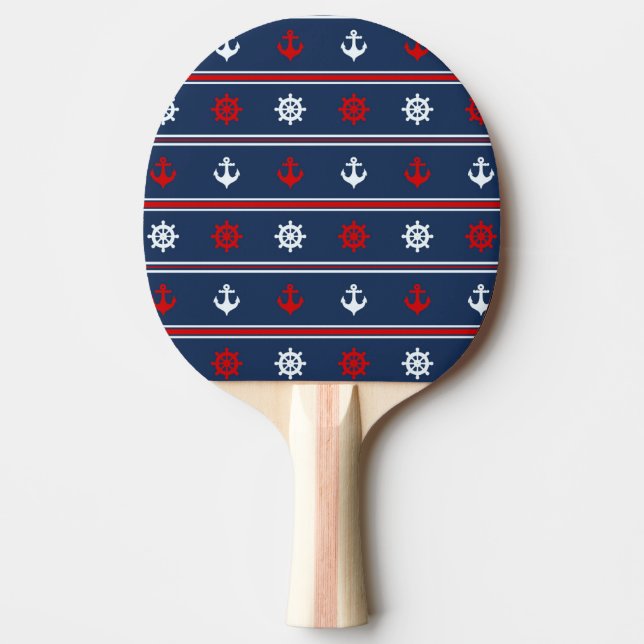 Raquete De Ping Pong Teste padrão náutico branco e azul vermelho (Frente)