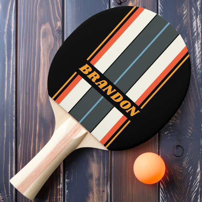 Raquete De Ping Pong Tiras de Placa Arco-Íris Escuro Retro com Nome (Criador carregado)