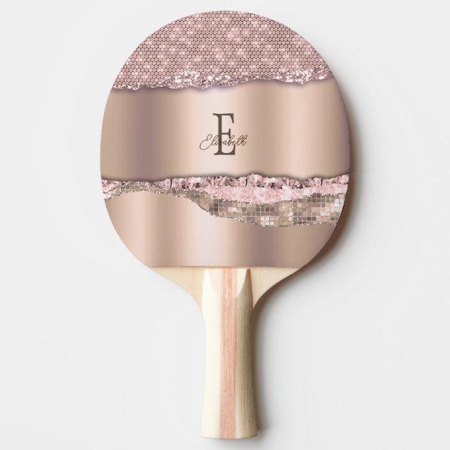 Raquete De Ping Pong Trendy Rosa Dourado Diamantes Monograma de Brilho (Frente)
