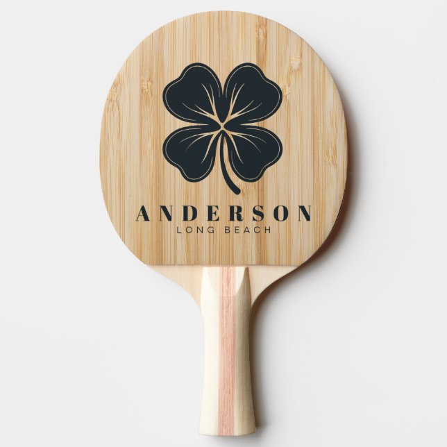 Raquete De Ping Pong Trevo de Quatro Folhas Bambu Branco com Nome (Verso)