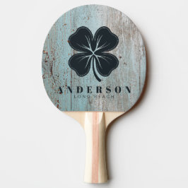Raquete De Ping Pong Trevo de Quatro Folhas em Madeira Pintada de Azul