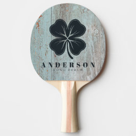 Raquete De Ping Pong Trevo de Quatro Folhas em Madeira Pintada de Azul 