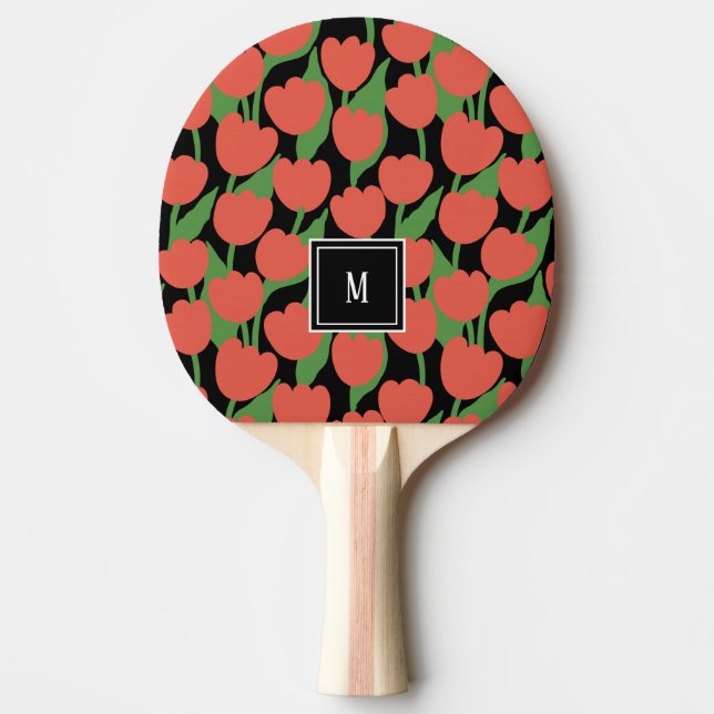 Raquete De Ping Pong Tulipas vermelhas retro, monograma personalizado (Frente)