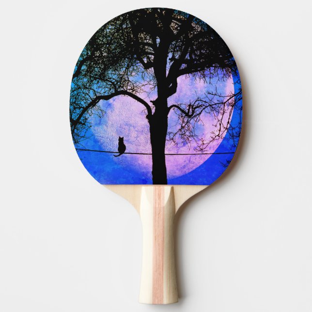 Raquete De Ping Pong Um gato preto em uma lua cheia de fio (Frente)