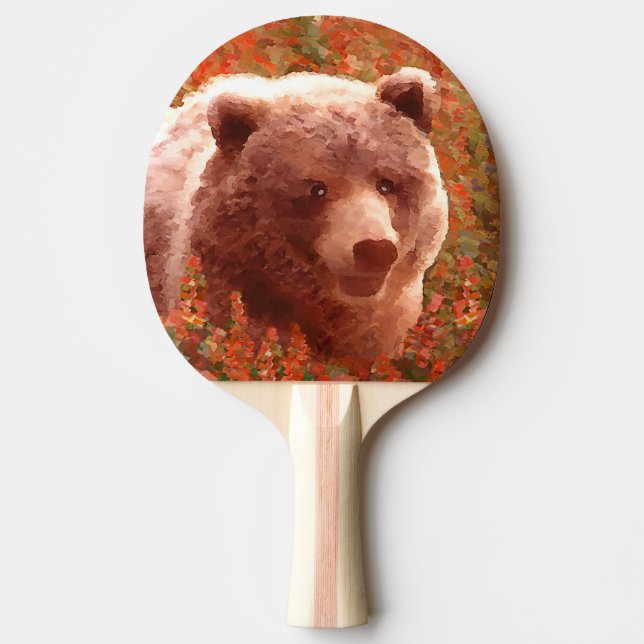 Raquete De Ping Pong Urso Grizzly na Pintura de Arte Selvagem com Algas (Frente)