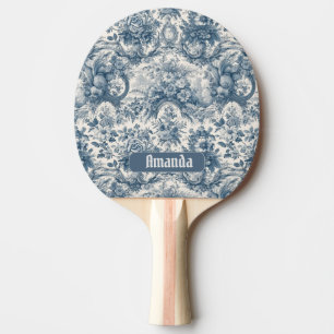 Raquete De Ping Pong Vintage floral Toile de jouy monograma azul