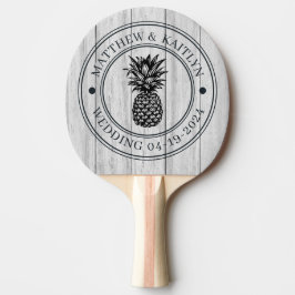 Raquete De Ping Pong Vintage Gray Wood Pineapple Wedding Crest & Names