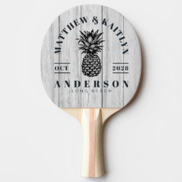 Raquete De Ping Pong Vintage Gray Wood Tropical Pineapple Wedding Crest