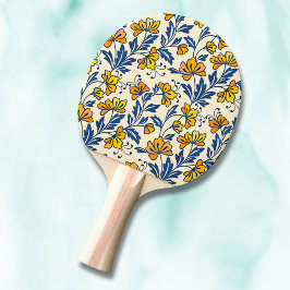 Raquete De Ping Pong Vintage Laranja Amarelo Floral Folclórico Folha Az