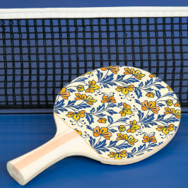 Raquete De Ping Pong Vintage Yellow Orange Folk Floral Blue Leaf