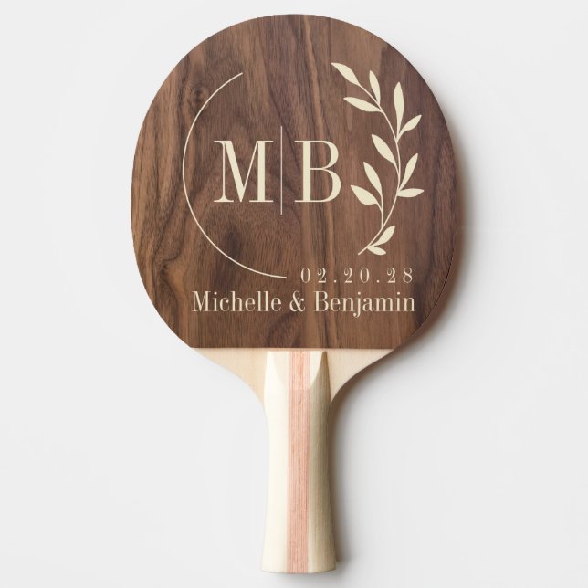 Raquete De Ping Pong Walnut Wood Leaf Wedding Monogram (Frente)