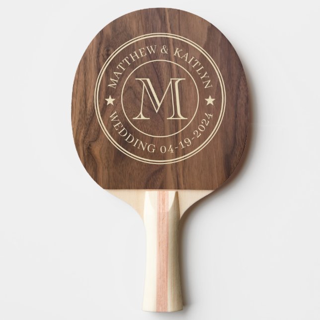 Raquete De Ping Pong Walnut Wood Wedding Monogram Star (Frente)