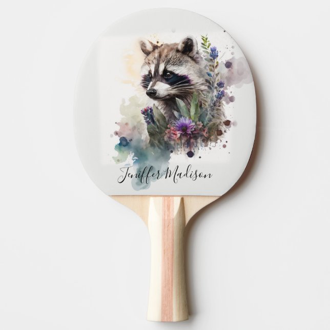Raquete De Ping Pong Watercolor Cute Raccoon Spring Flowers         (Frente)