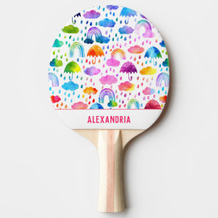 Raquete De Ping Pong Watercolor Rainbow Umbrellas Rainly Day Girls