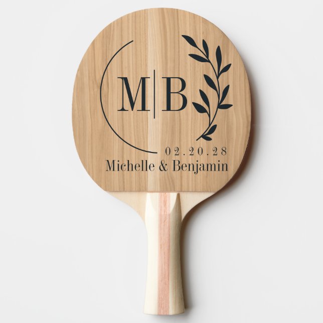 Raquete De Ping Pong White Oak Wood Leaf Wedding Monogram (Verso)