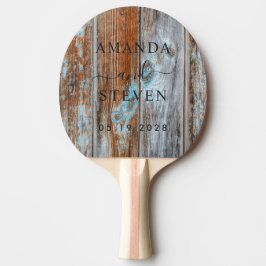 Raquete De Ping Pong Worn Blue Wash Wood Couple Names with Wedding Date