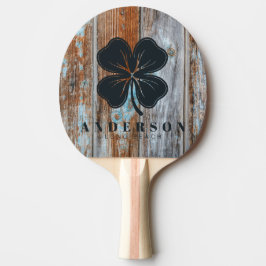 Raquete De Ping Pong Worn Blue Wash Wood Four Leaf Clover with Name