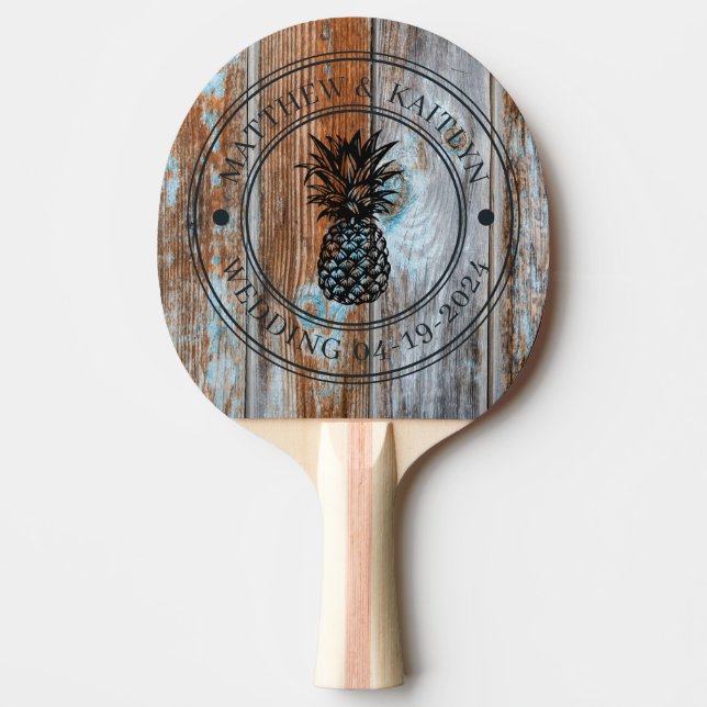 Raquete De Ping Pong Worn Blue Wash Wood Pineapple Wedding Crest & Name (Frente)