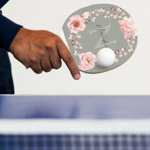 Raquete De Ping Pong Wreath Rosa de Aquarela Personalizada Sage Green