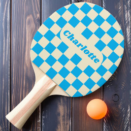 Raquete De Ping Pong Xadrez Azul e Creme com Nome