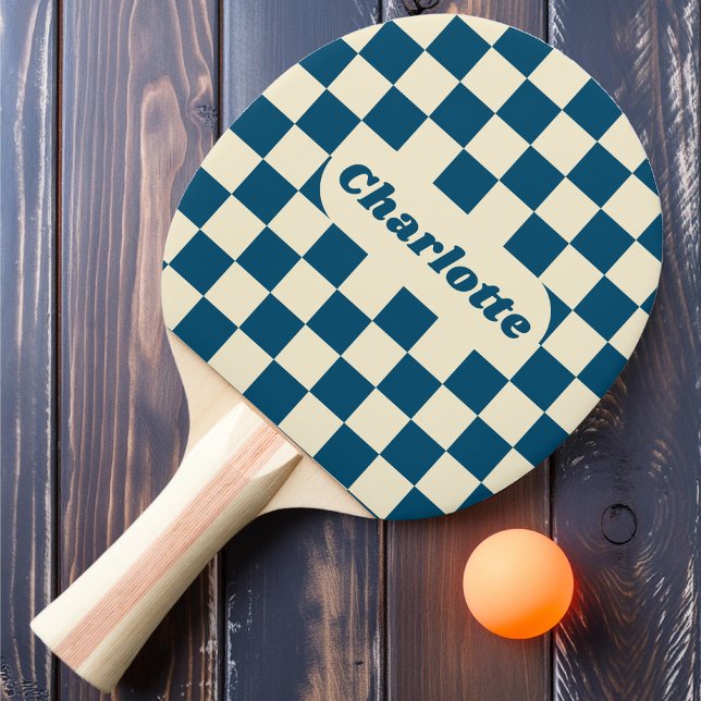 Raquete De Ping Pong Xadrez Azul Escuro e Creme com Nome (Criador carregado)