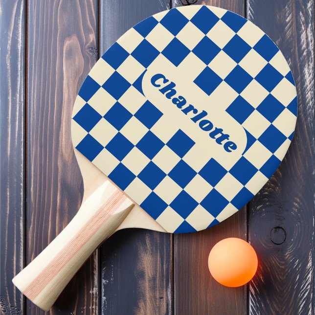 Raquete De Ping Pong Xadrez Azul Marinho e Creme com Nome (Criador carregado)