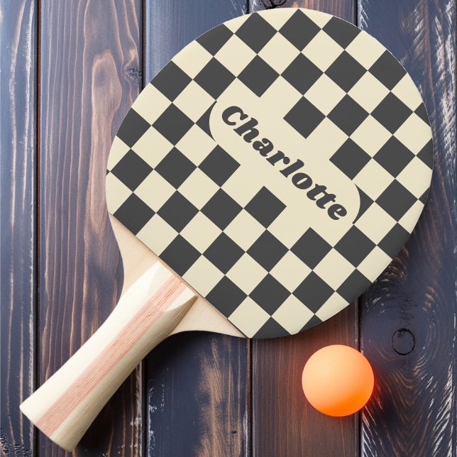 Raquete De Ping Pong Xadrez Cinza Escuro e Creme com Nome (Criador carregado)