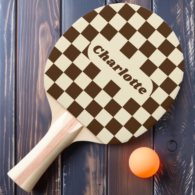 Raquete De Ping Pong Xadrez Marrom e Creme com Nome (Criador carregado)
