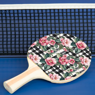 Raquete De Ping Pong Xadrez Preta e Branca com Camellias Rosa Folha