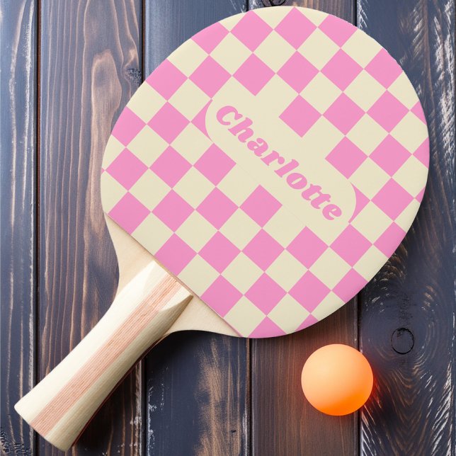 Raquete De Ping Pong Xadrez Rosa e Creme com Nome (Criador carregado)