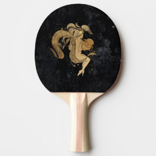 Raquete De Ping Pong Zodiac Aquarius Astrologia Cósmica Dourada e Ne