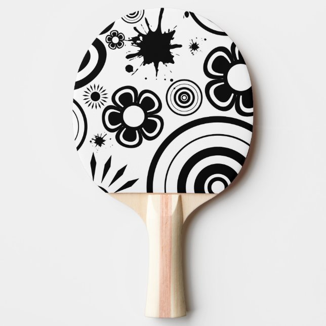 Raquete De Tênis De Mesa Flores caprichosas em preto e branco, círculos, re (Frente)