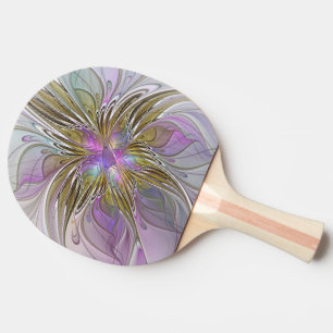 Raquete De Tênis De Mesa Fractal Abstrato Colorida Floral, Rosa E Dourada