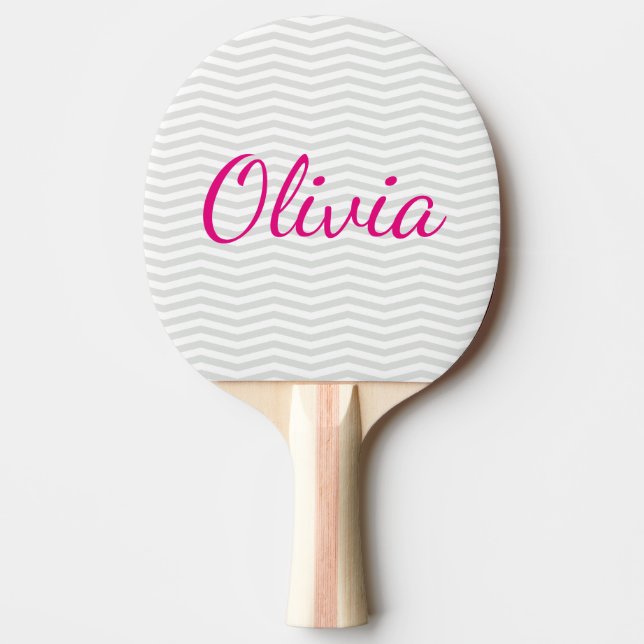 Raquete De Tênis De Mesa Glamorous Simplicity Cinza Chevron com nome em neg (Frente)